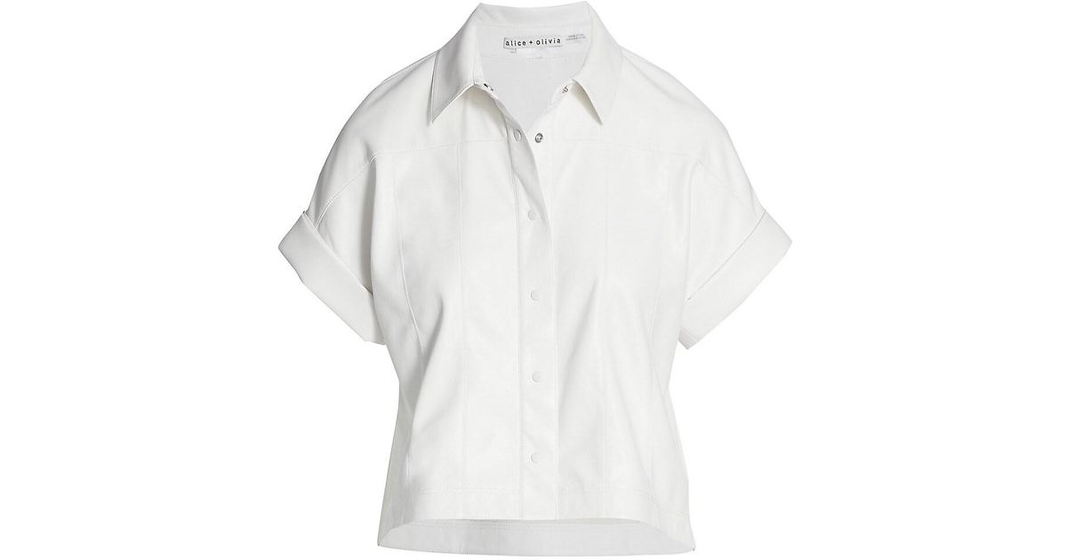 Alice + Olivia Edyth Vegan Leather Shirt in White | Lyst
