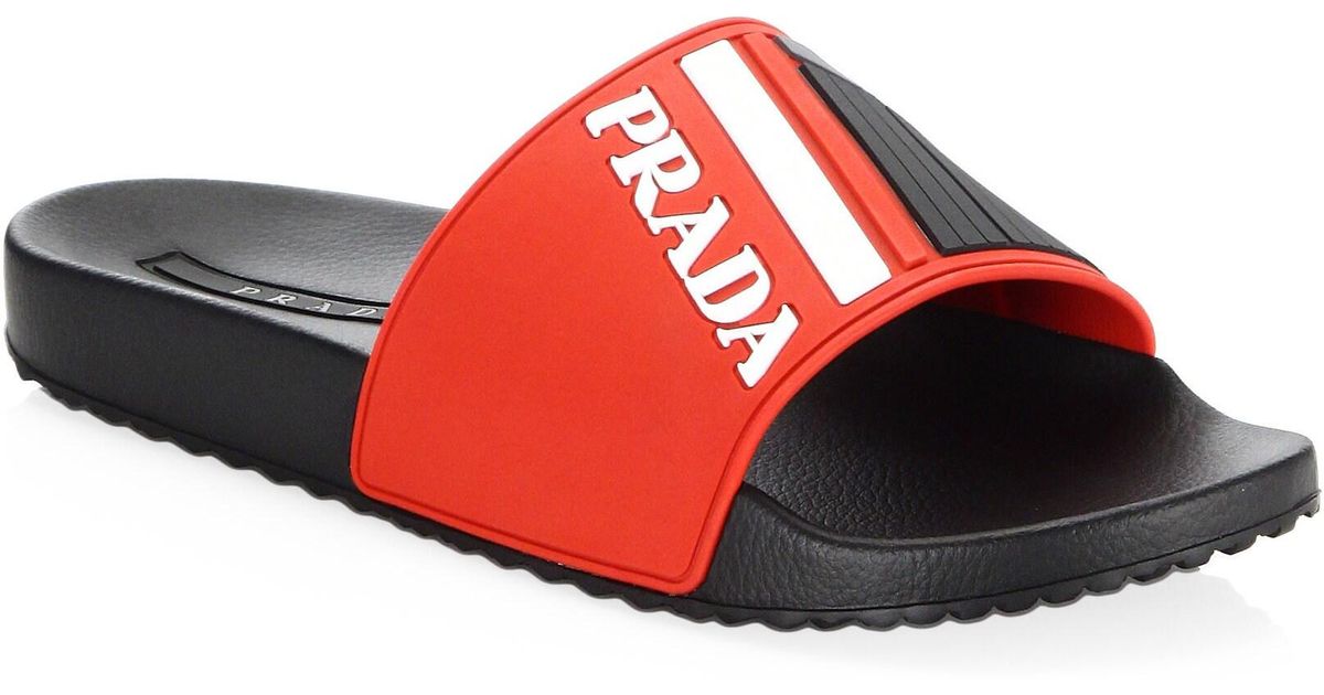 Prada Rubber Logo Print Slides in Red for Men - Lyst