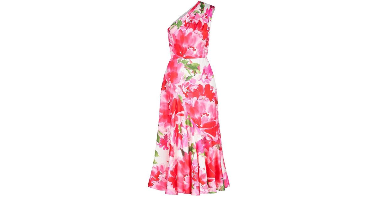 Kay Unger Linnea Floral Charmeuse One-shoulder Midi-dress in Pink | Lyst