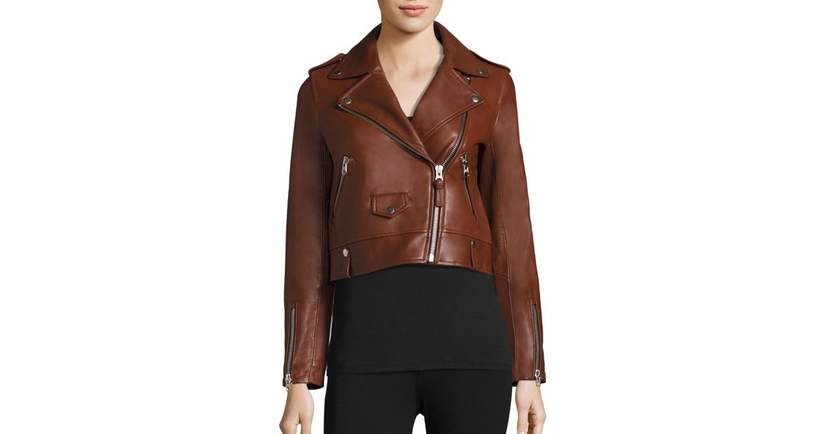 Mackage Baya Cropped Leather Moto Jacket In Brown Lyst