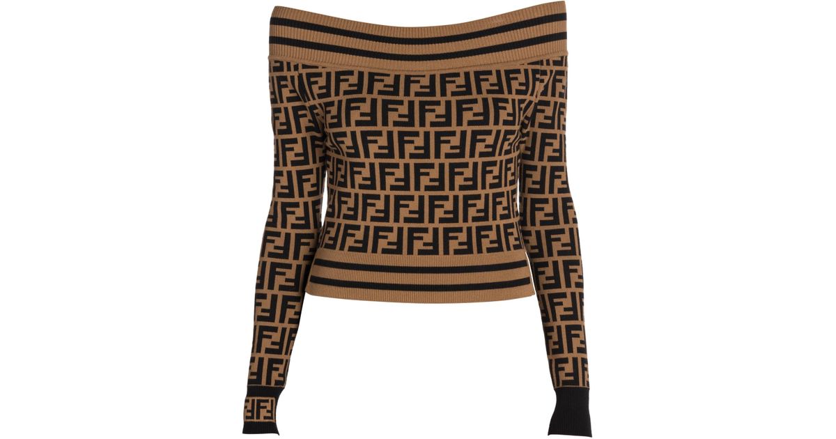 Fendi Women's Off-the-shoulder Knit Logo Sweater - F Brown Logo - Size ...