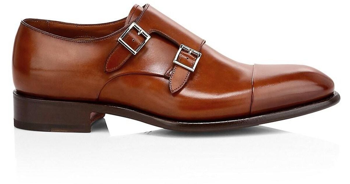Santoni Ira Double Monk Strap Leather Dress Shoes in Cognac (Brown) for