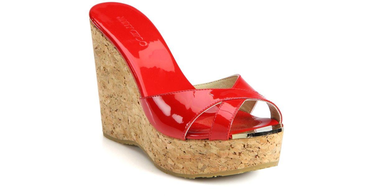 red patent leather wedge heels