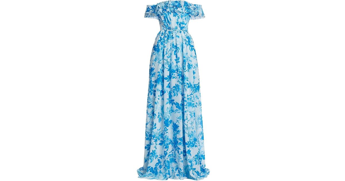ML Monique Lhuillier Adeline Floral Chiffon Maxi Dress in Blue | Lyst