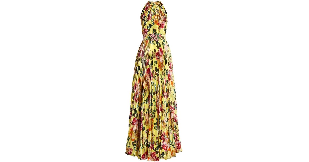 Andrew Gn Floral Pleated Silk Gown in Yellow | Lyst