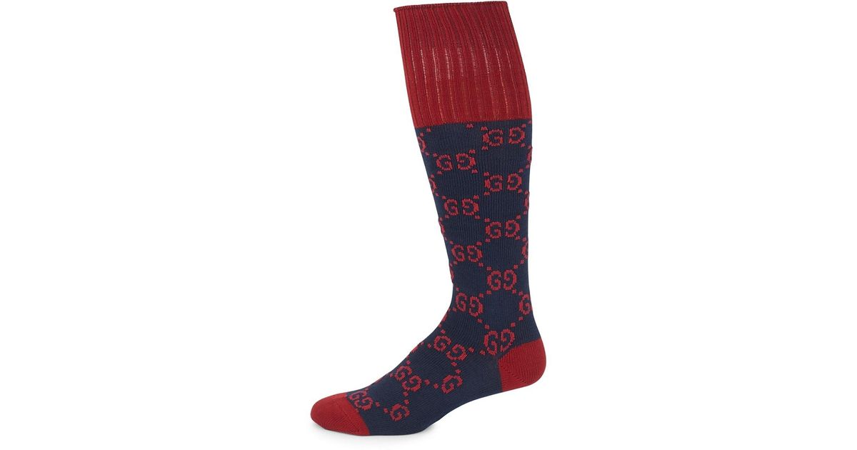 Gucci Patterned Ribbed Stretch Cottonblend Socks in Navy Red (Blue