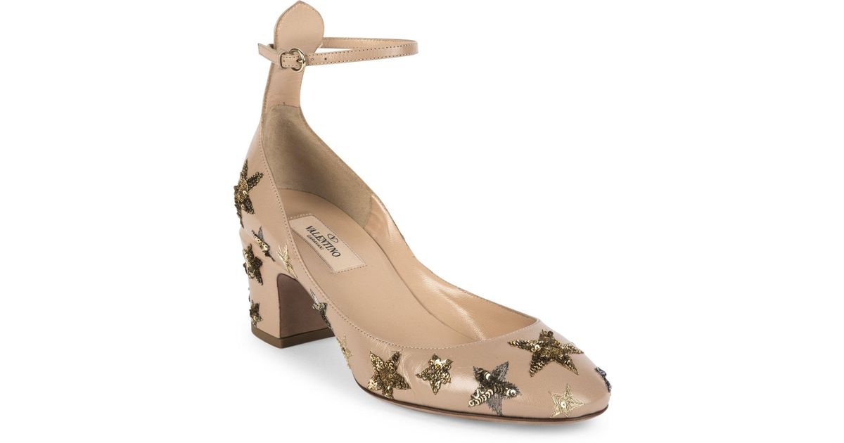 Valentino Star-studded Leather Ankle-strap Block Heel Pumps in Natural -  Lyst