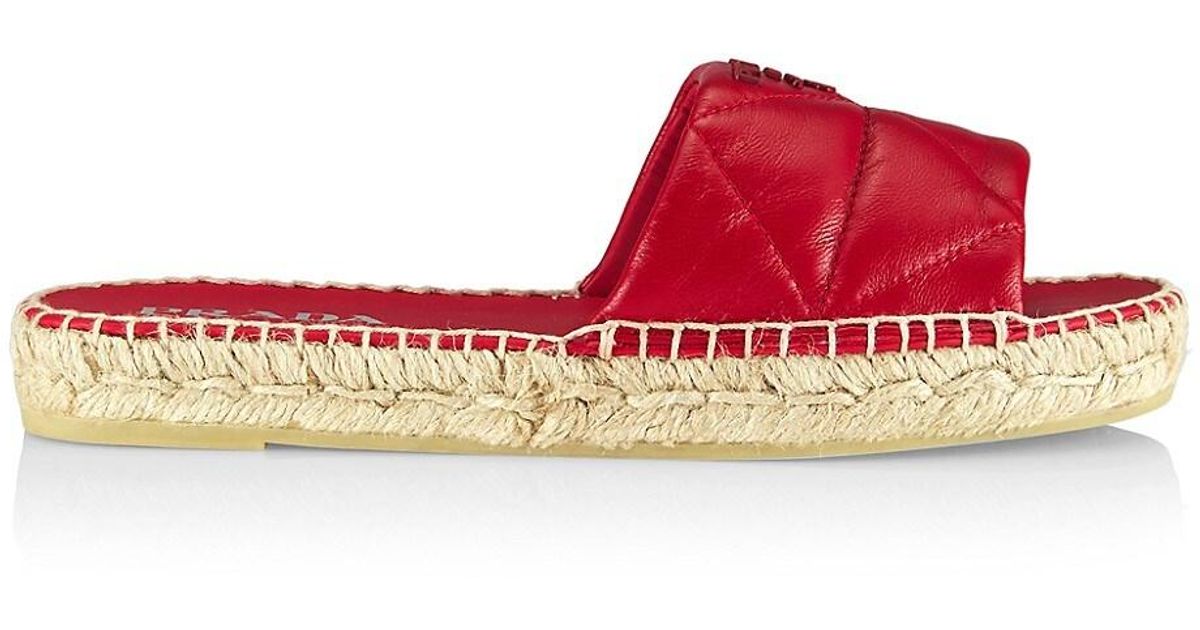 Prada Quilted Leather Espadrille Slides in Red | Lyst