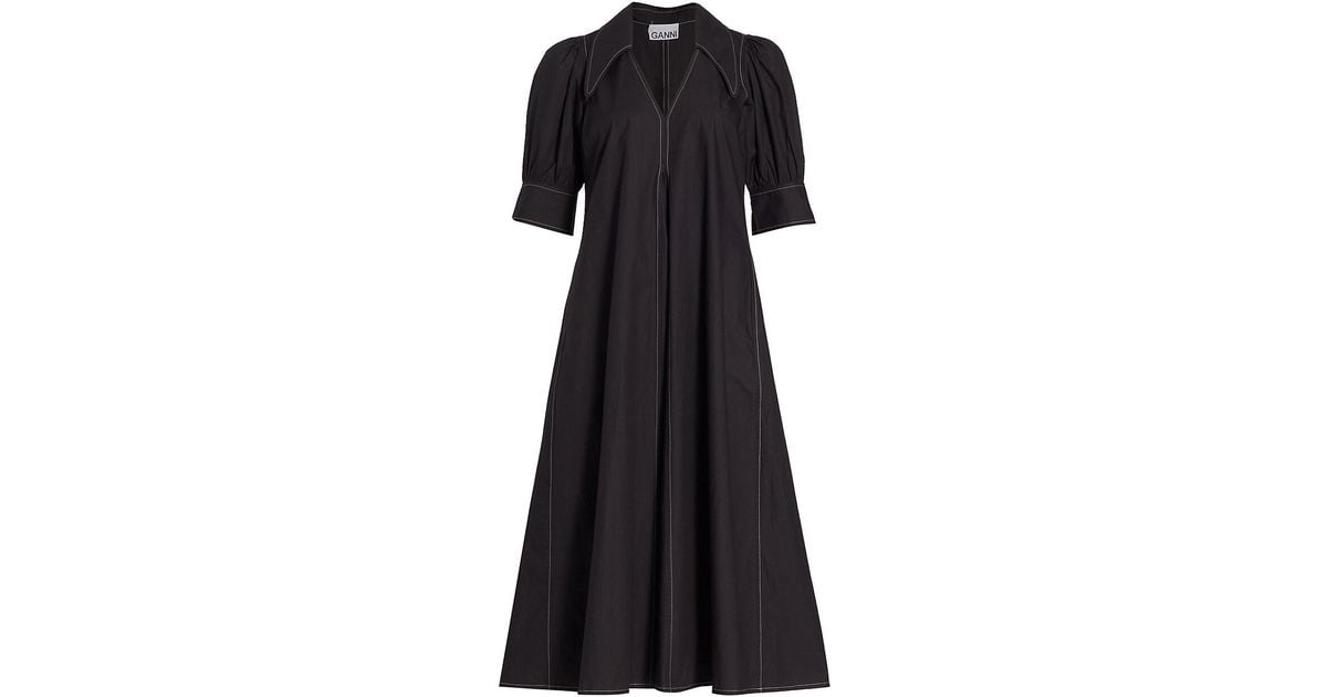 Ganni Poplin Cotton V-neck Maxi Dress in Black | Lyst