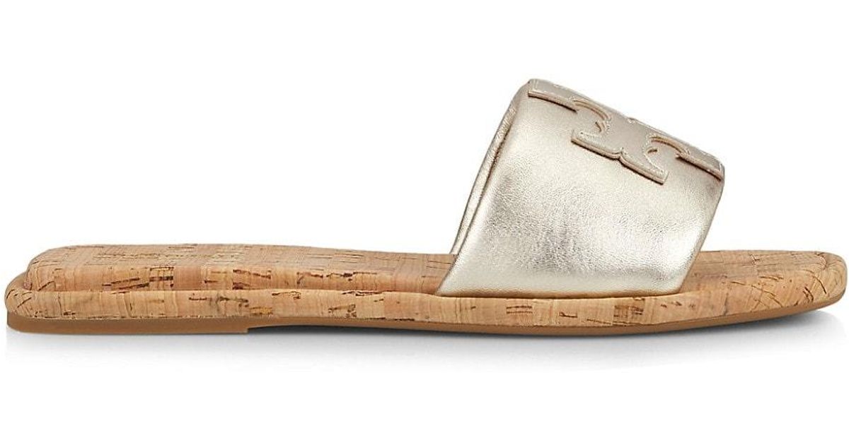 Tory Burch Double T Metallic Leather Sport Slides Lyst