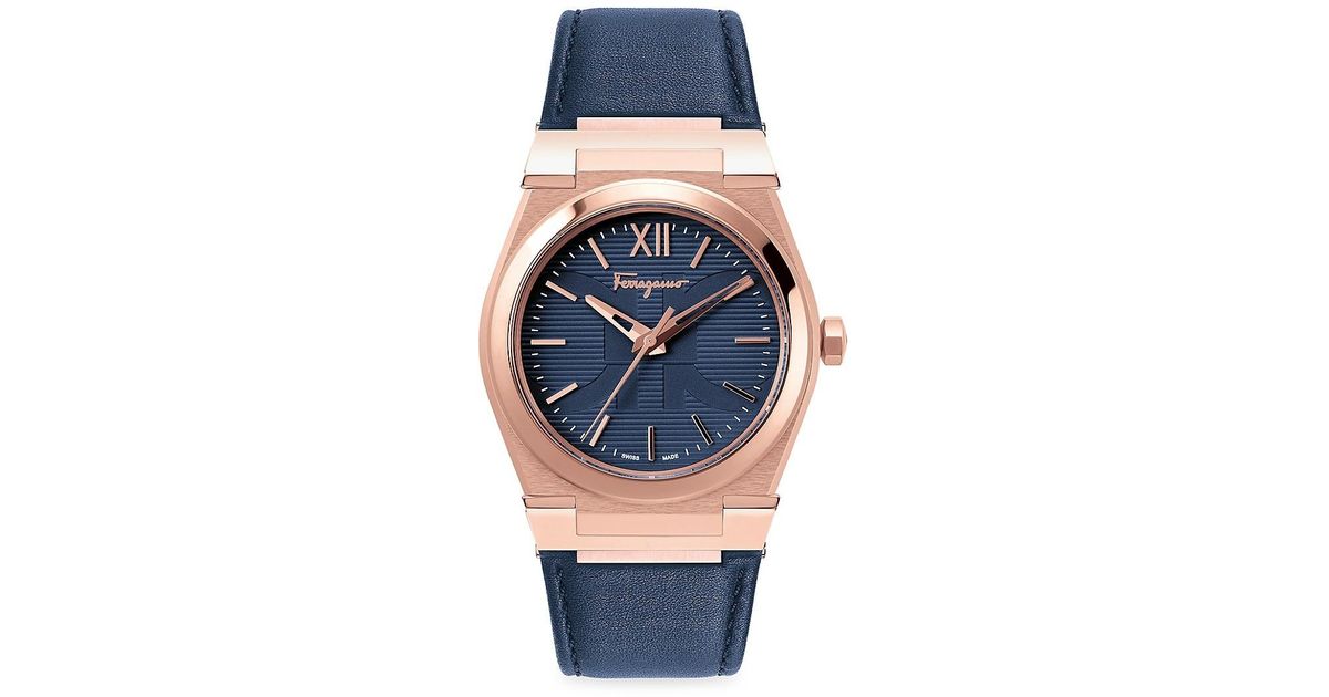 Ferragamo Vega Rose Goldtone Stainless Steel Leather-strap Watch in Blue  for Men | Lyst
