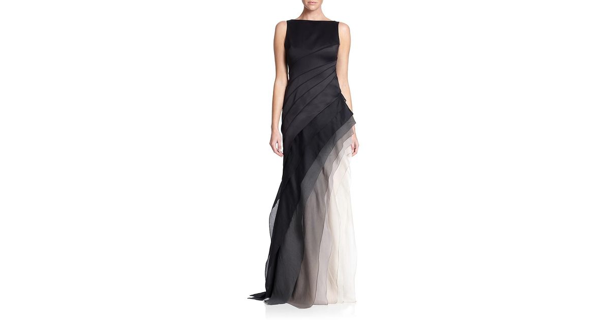 halston heritage satin and organza tiered gown