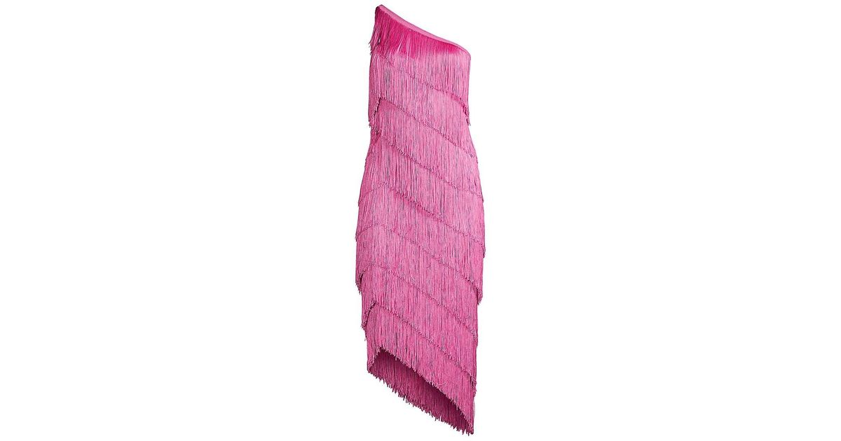 Norma Kamali Fringed One-shoulder Midi Dress in Pink | Lyst