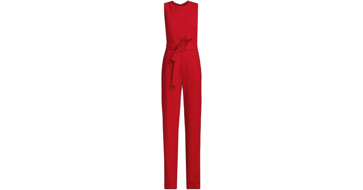 Adam Lippes Belted Wool Crepe Jumpsuit in Red | Lyst