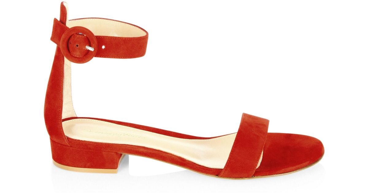 red ankle strap flat sandals