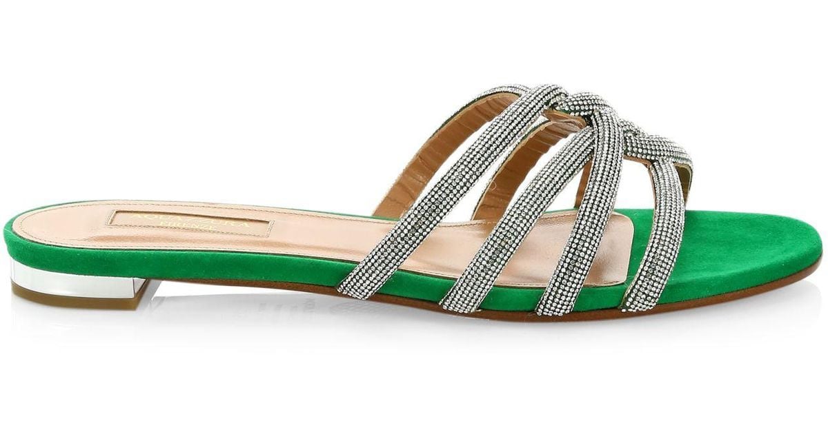 Aquazzura Moondust Crystal-embellished Suede Flat Sandals in Green - Lyst