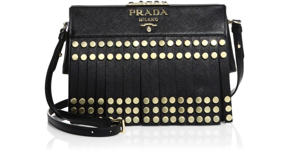 Lyst Prada Studded Fringe Saffiano Leather Crossbody Bag In Black