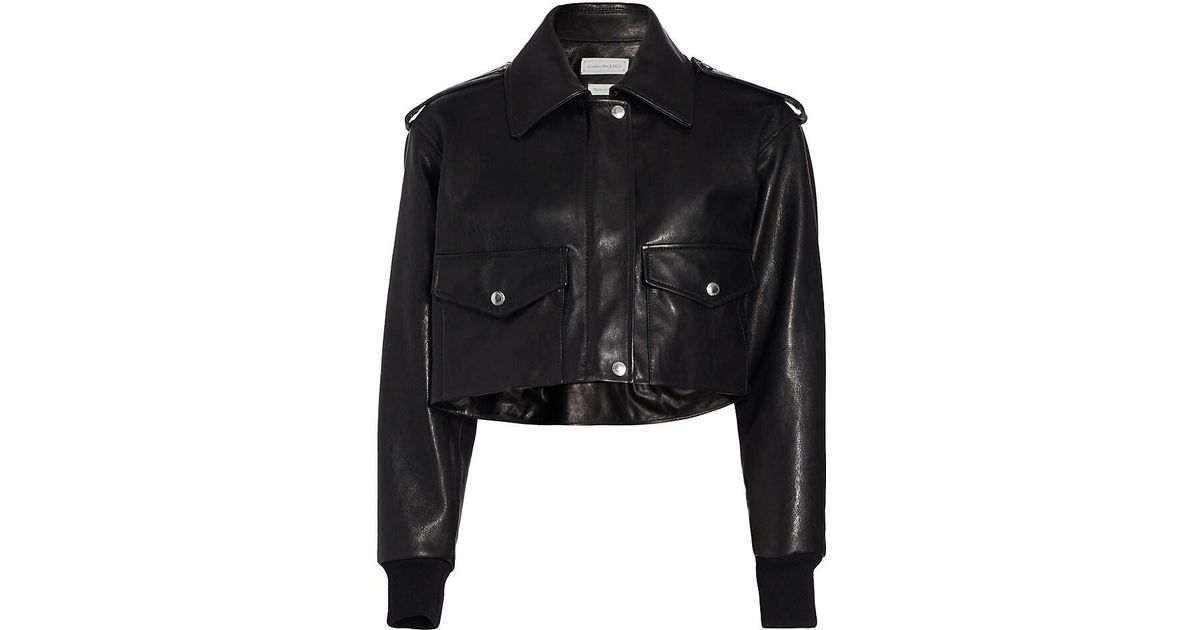 Alexander McQueen Cropped Lamb Leather Jacket in Black | Lyst