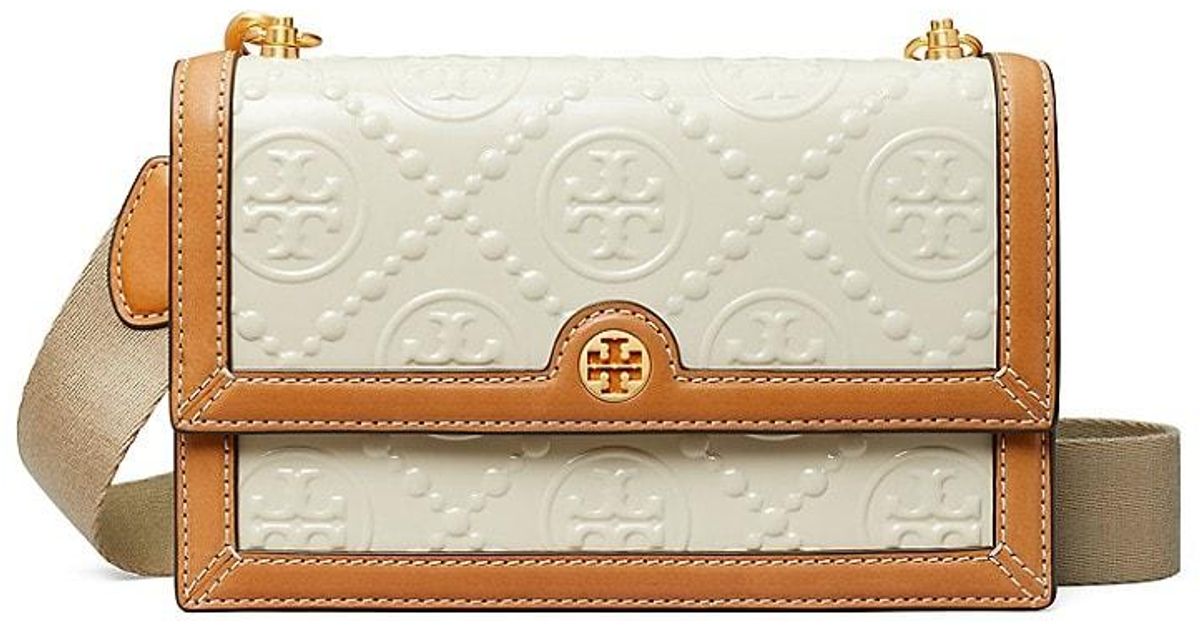 Tory Burch T Monogram Embossed Patent Leather Shoulder Bag in Cream