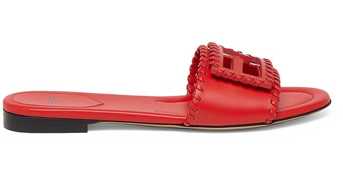 Fendi Vitello Ff 10mm Leather Slides in Red | Lyst