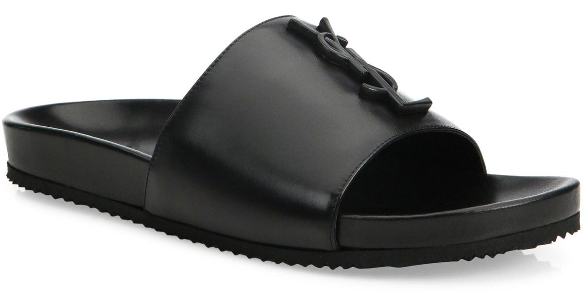 Saint Laurent Joan Logo Leather Slides in Black Lyst