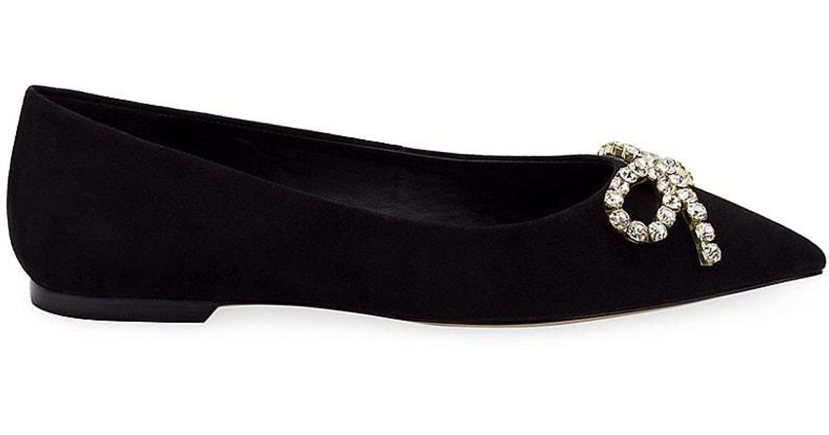 Larroude Lee Crystal Bow Suede Flats in Black | Lyst