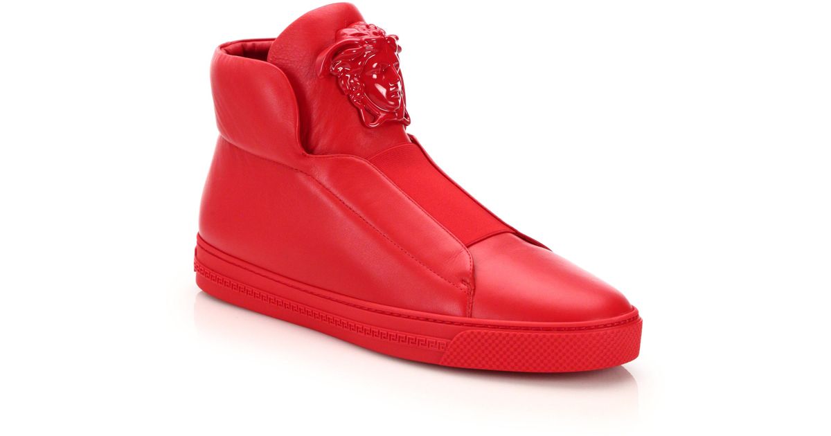 Versace Idol Tonal Pallazo Leather High-top Sneakers in Red for Men | Lyst