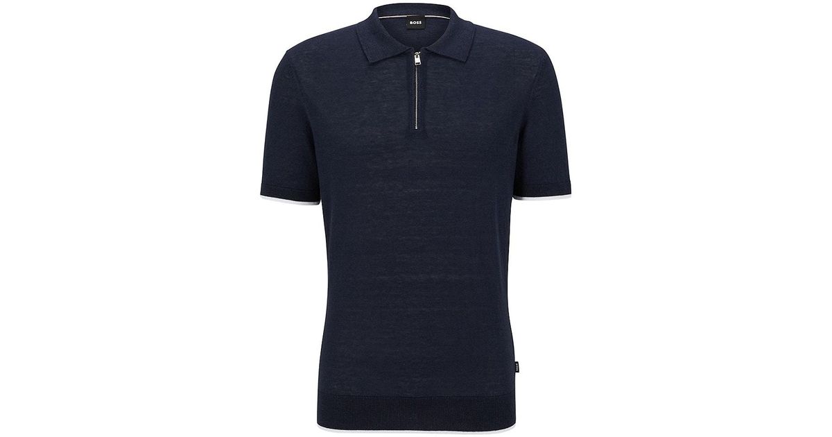 BOSS by HUGO BOSS Linen Blend Polo Sweater With Zip Placket in Blue | Lyst