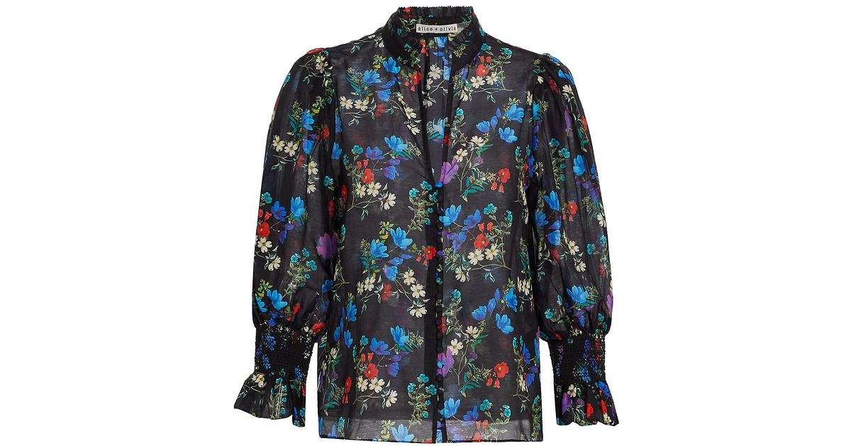 Alice + Olivia Cotton Ilan Floral Blouse in Blue | Lyst