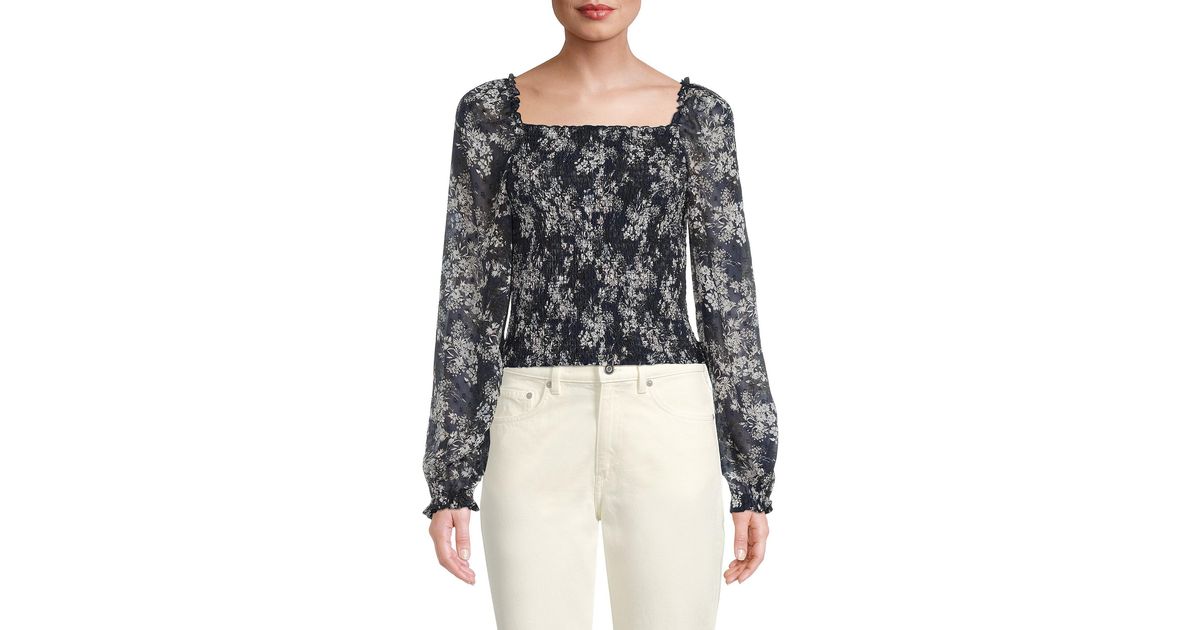 Laundry by Shelli Segal Synthetic Shirred Squareneck Top in Black Iris