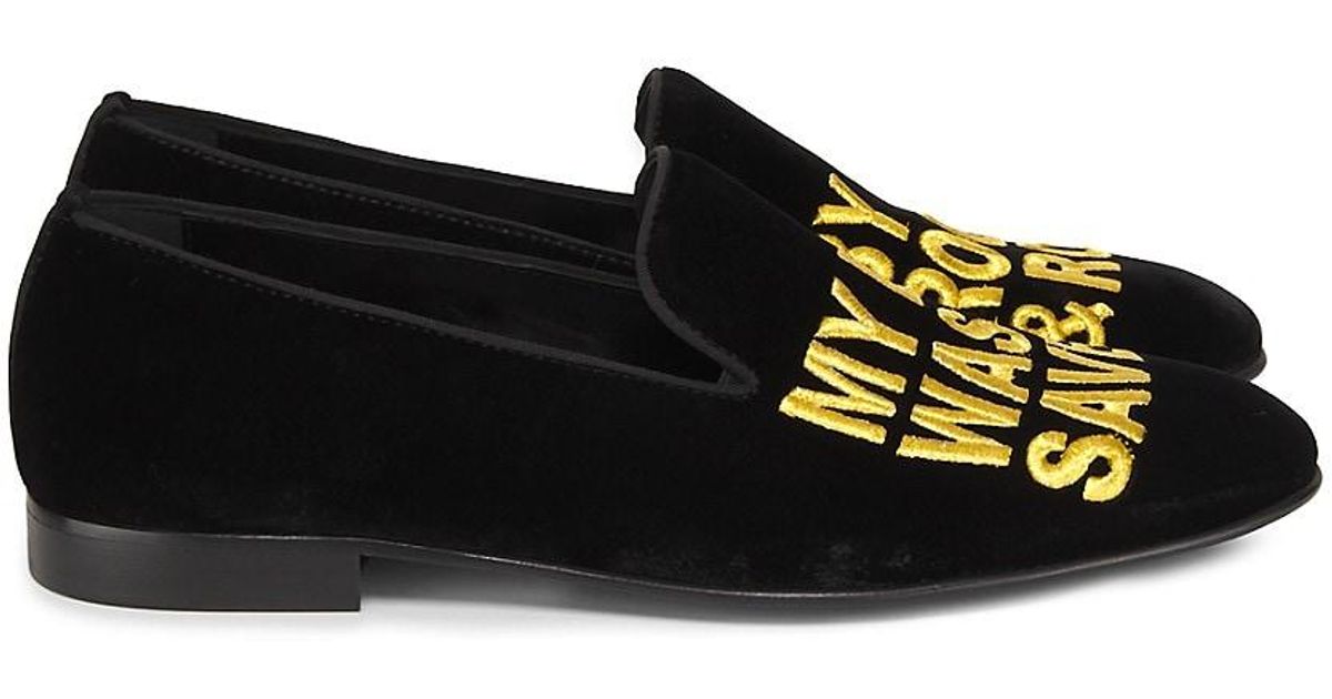 John Richmond Rock & Roll Embroidered Velvet Slippers in Black for Men