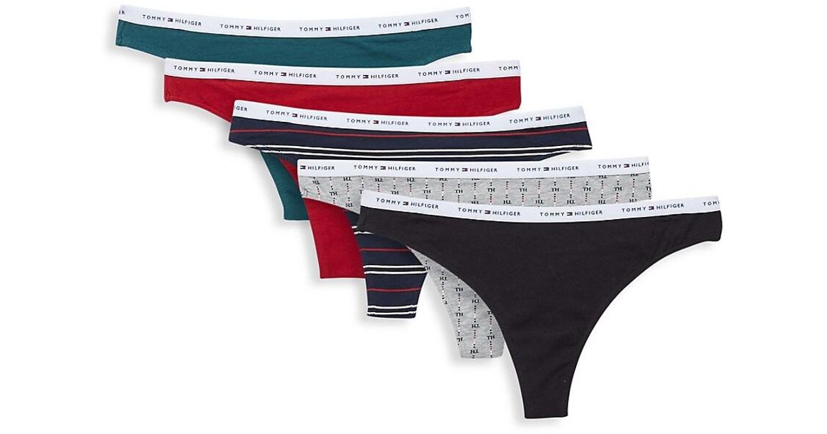 Tommy Hilfiger Cotton 5-pack Logo Thongs in Black | Lyst