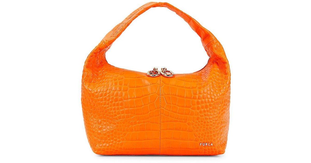 Furla Croc Embossed Leather Hobo Bag in Orange Lyst