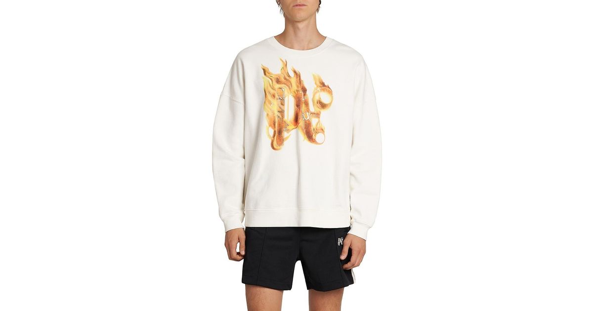Palm Angels Burning Monogram Cotton Sweatshirt in White for