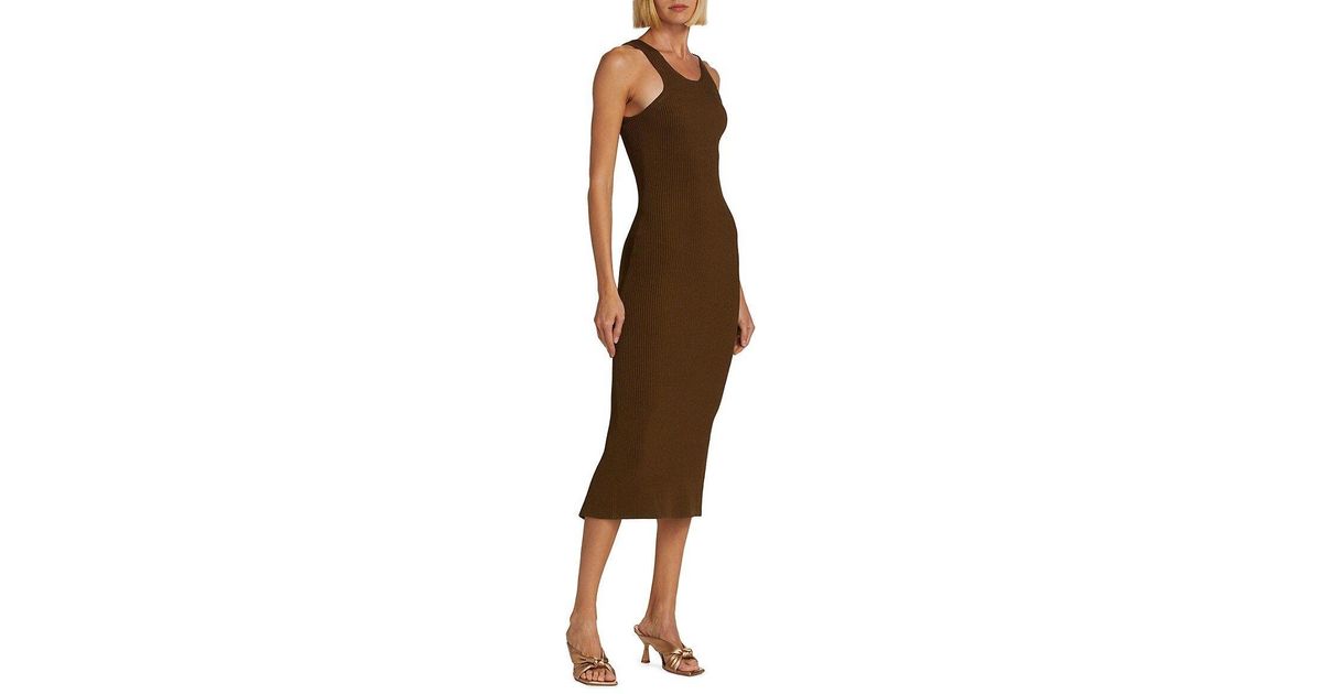 Totême Ribbed Curved Compact Knit Midi Dress in Brown | Lyst