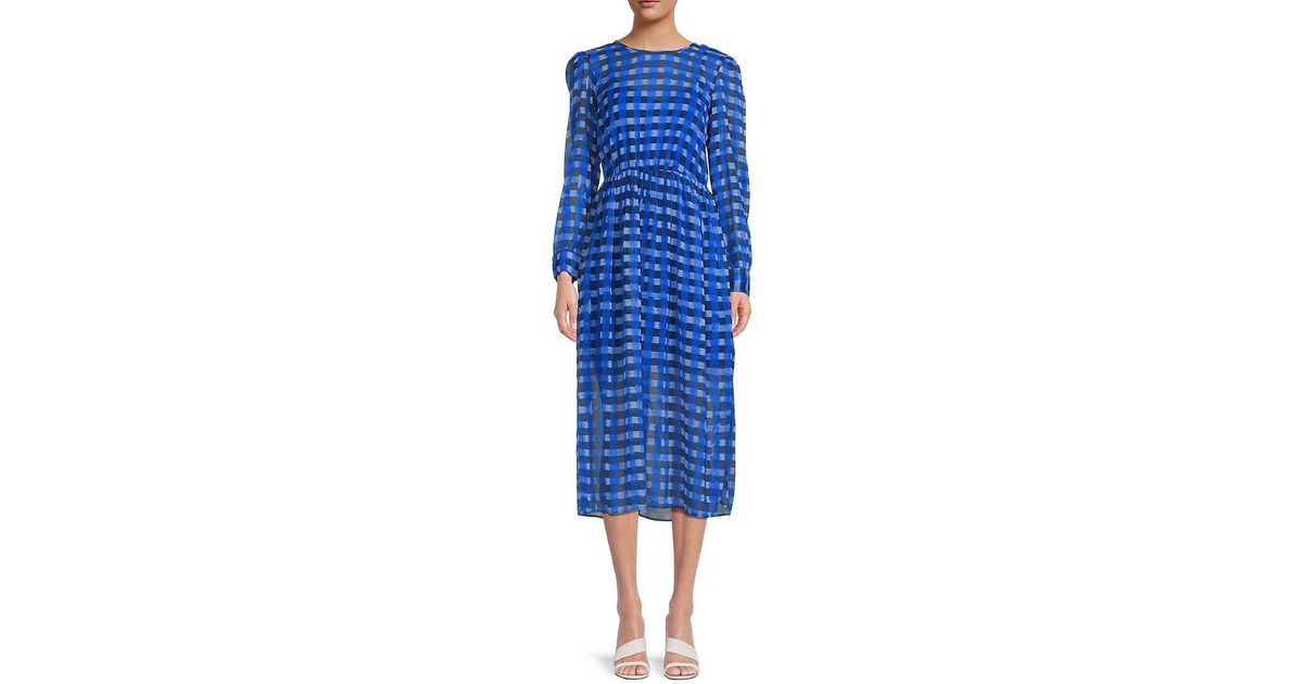 French Connection Edeline Check Midi Dress in Blue | Lyst