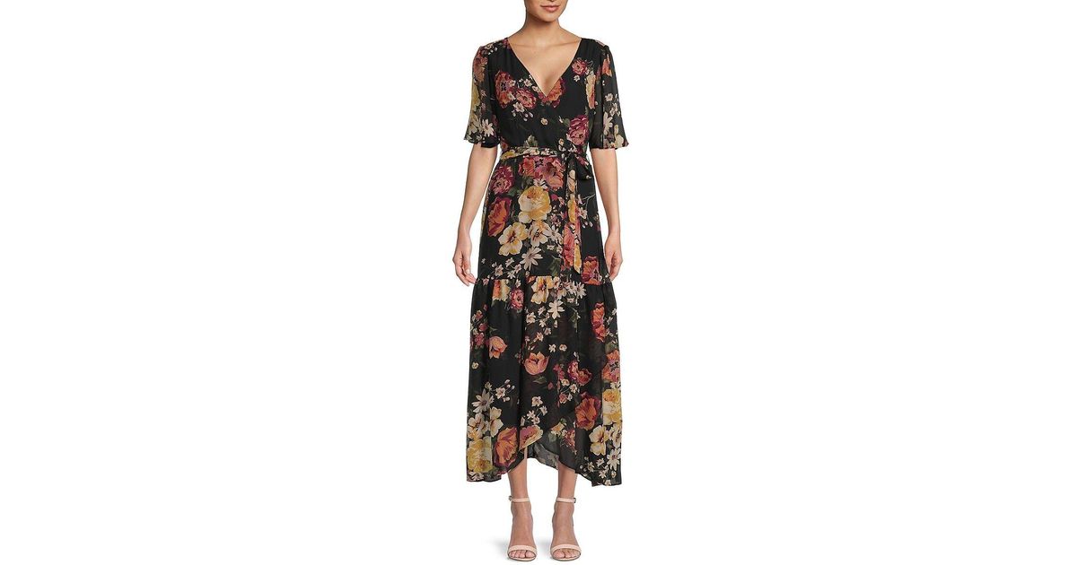 Donna Ricco Floral Flutter Sleeve Maxi Dress in Black | Lyst