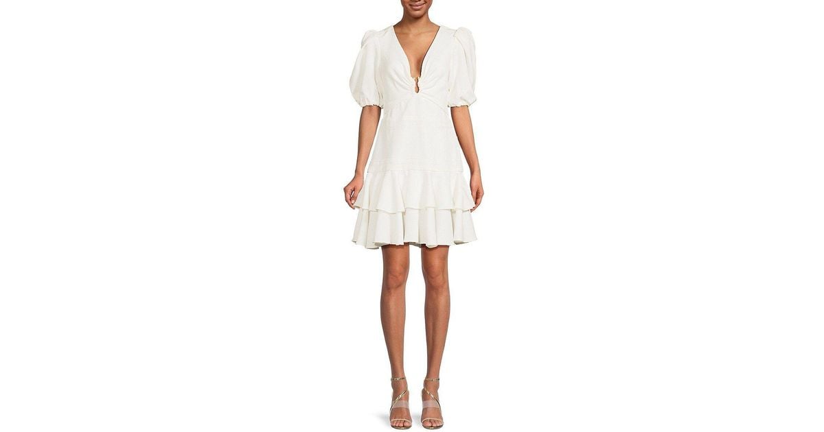 PATBO Lace Trim Tiered Mini Dress in White | Lyst