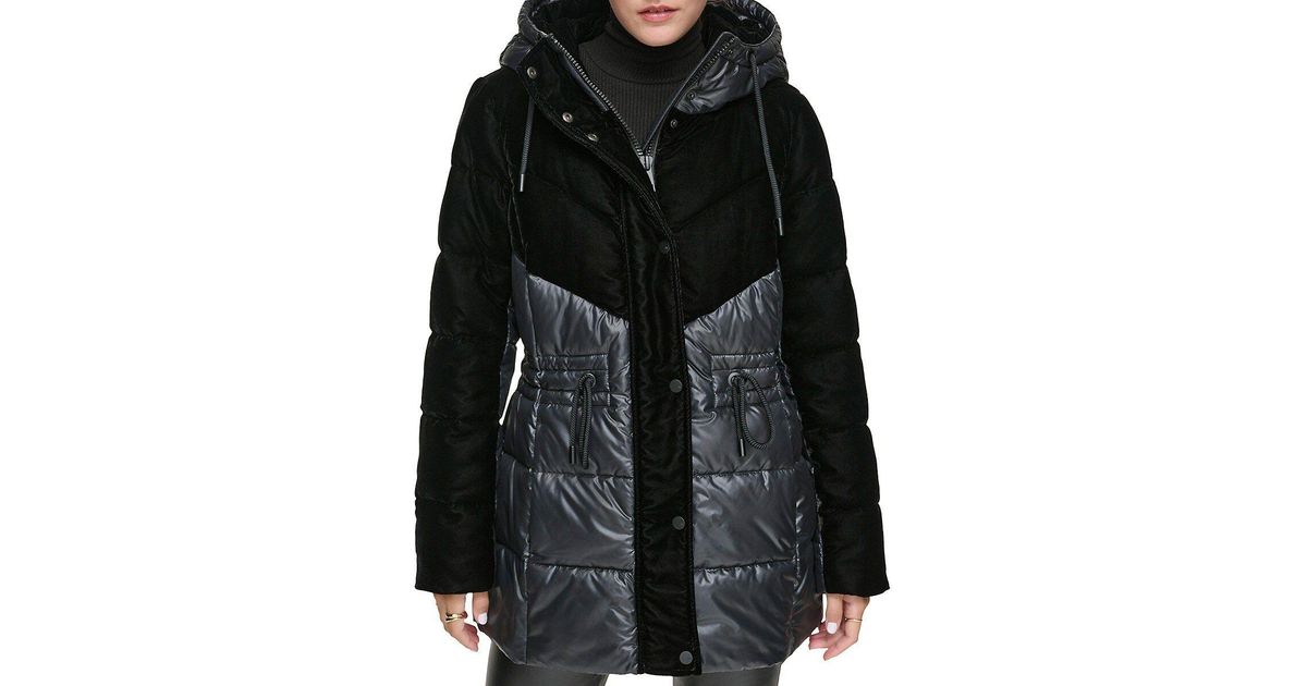 Andrew Marc Varna Velvet Hooded Puffer Jacket in Black Lyst