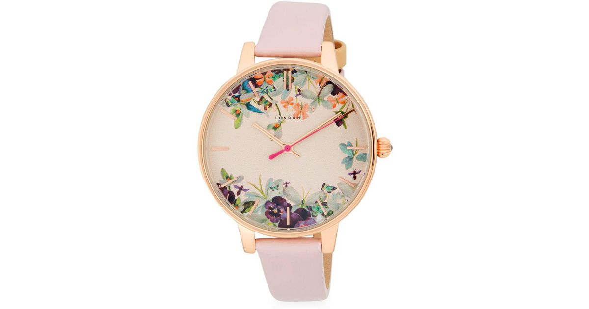 Ted Baker Stainless Steel Floral Leatherstrap Watch Lyst