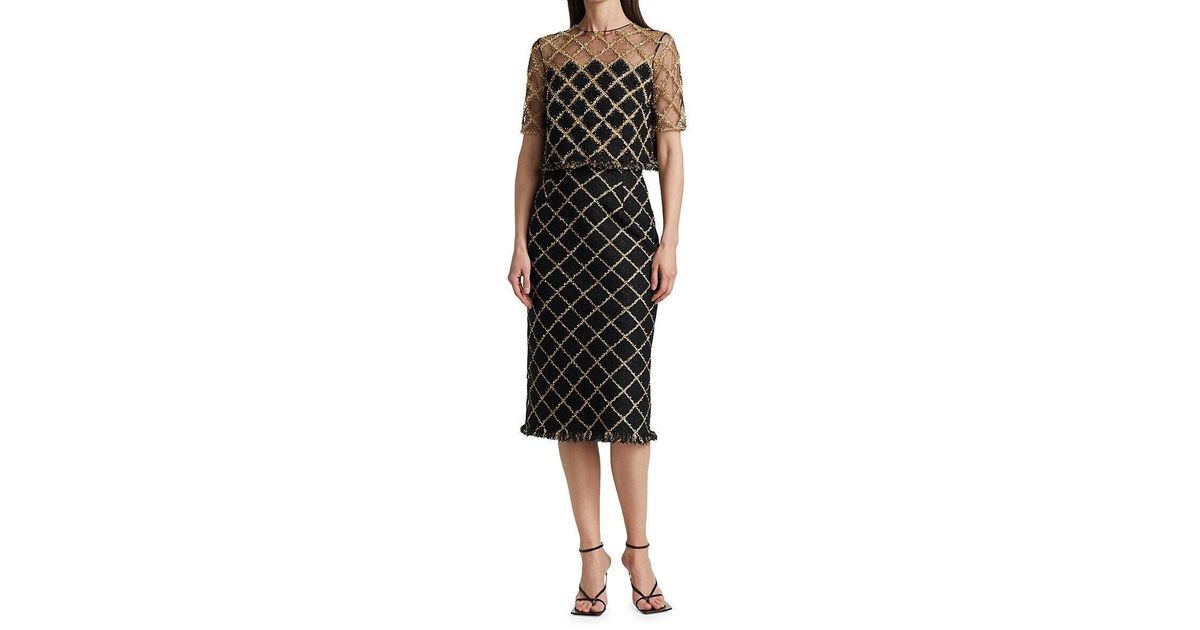 Oscar de la Renta Embroidered Illusion Shoulder Lurex Tweed Pencil