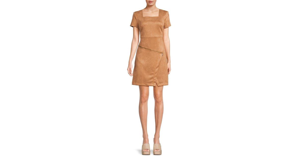 Calvin Klein Zip Front Mini Dress in Natural | Lyst