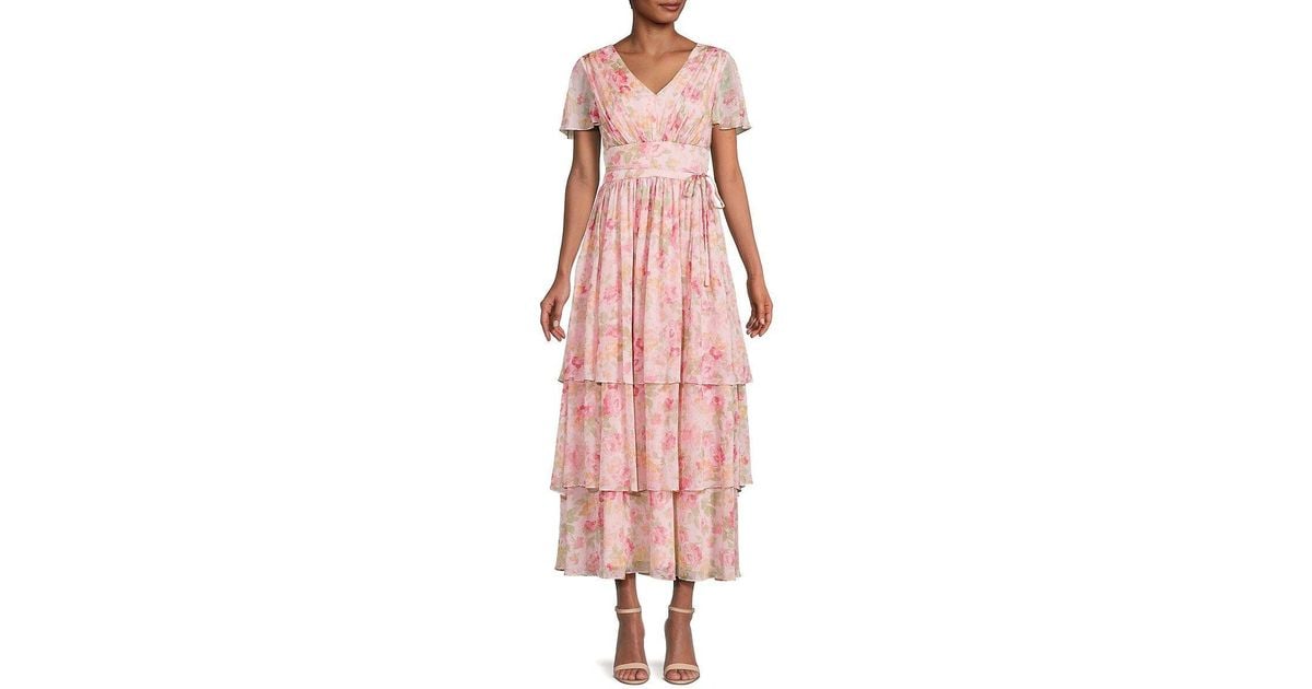 Mikael Aghal Floral Maxi Tiered Dress in Pink | Lyst