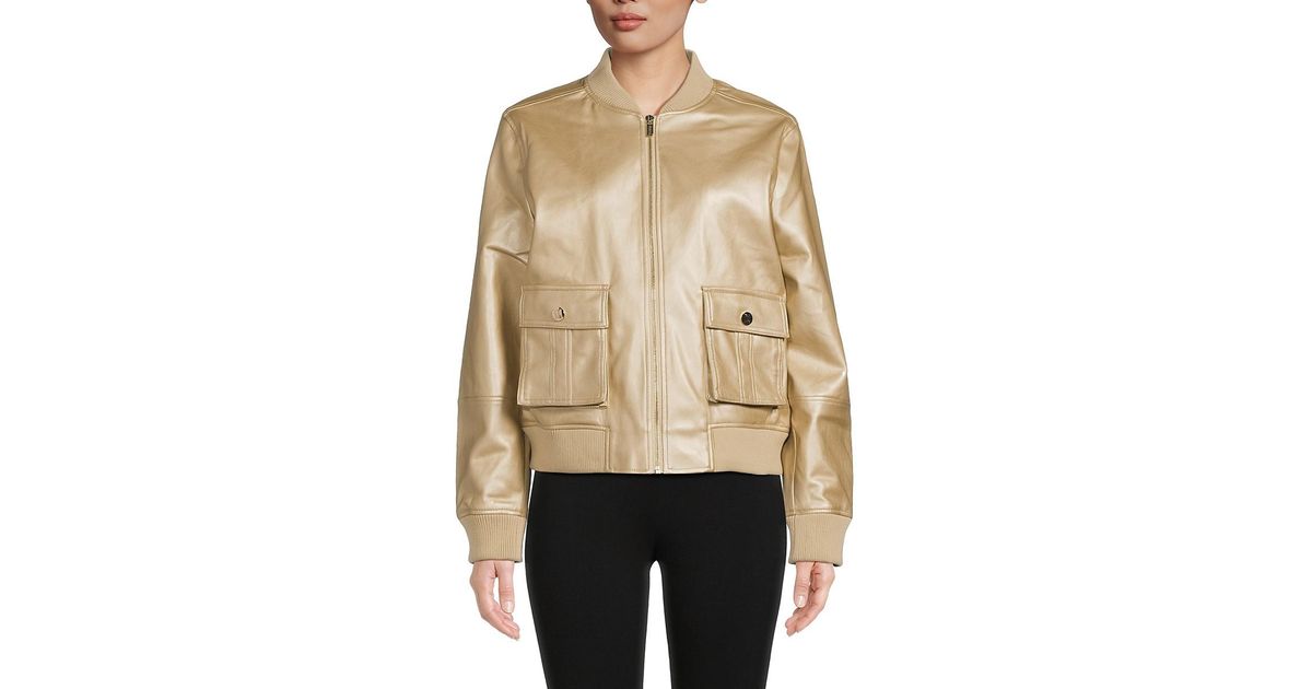 Karl Lagerfeld Metallic Faux Leather Bomber Jacket in Natural
