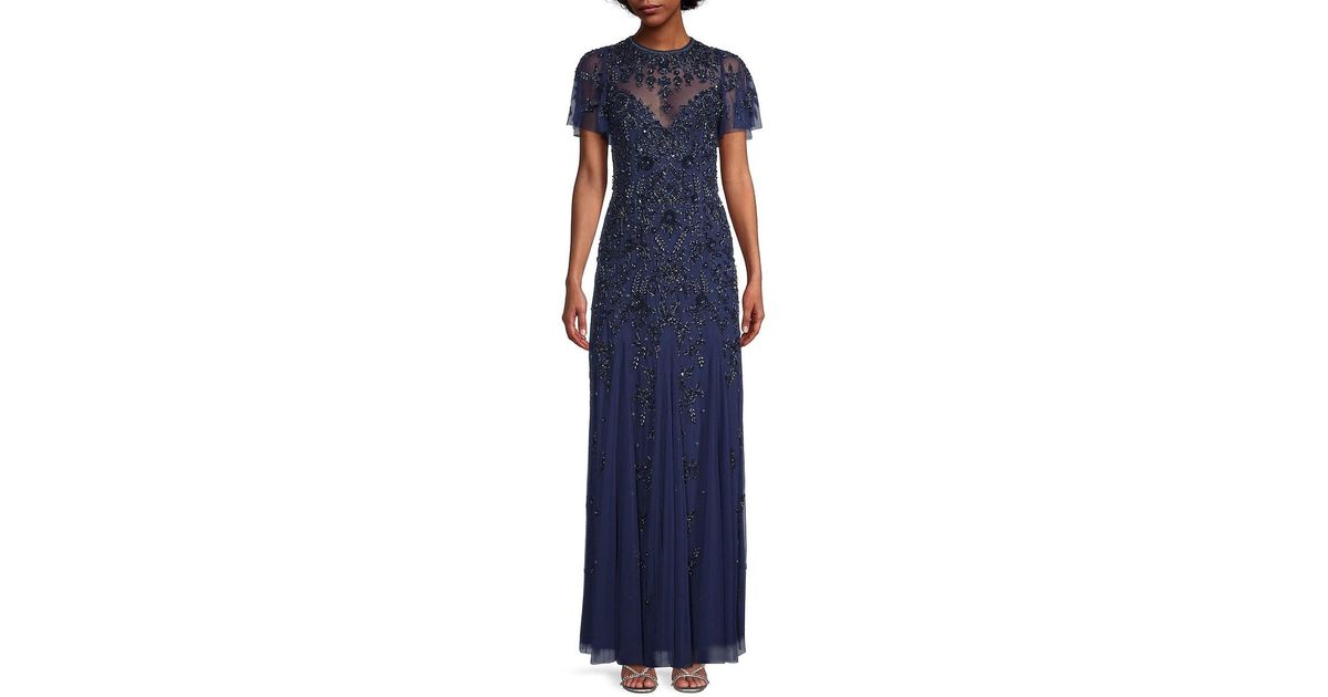 Aidan Mattox Beaded Flutter Sleeve Gown in Blue Lyst