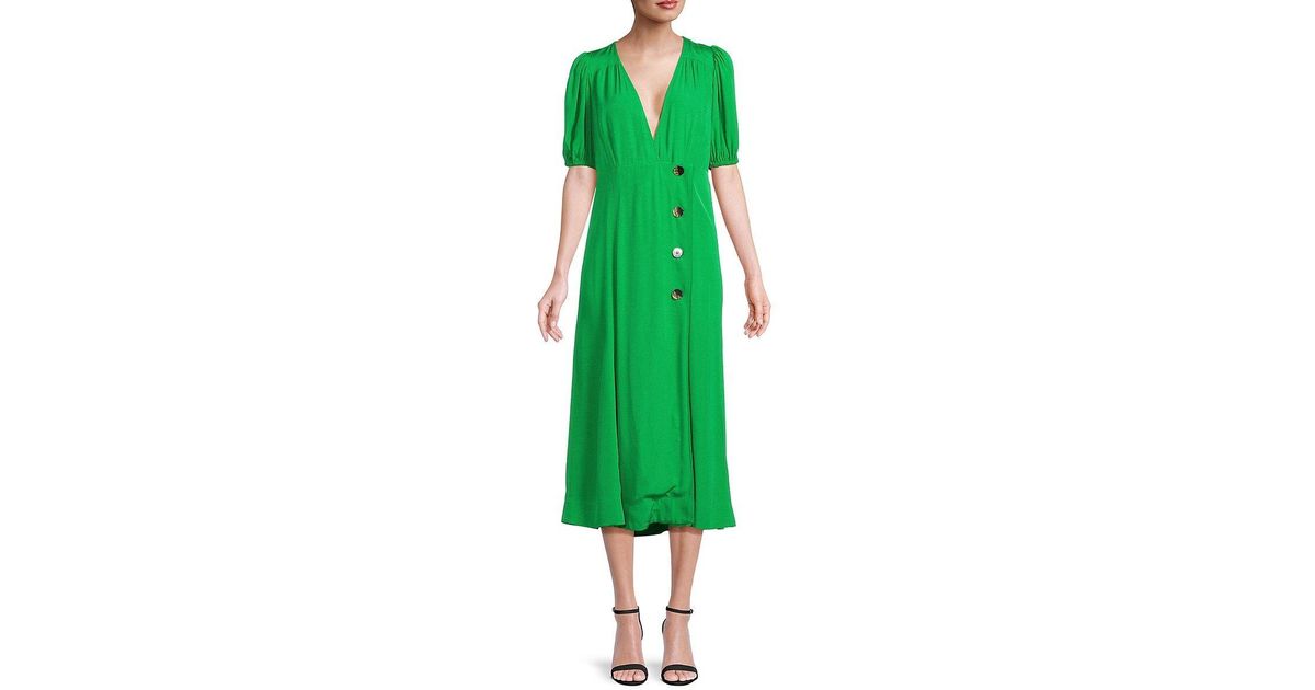 Ganni Puff Sleeve Midaxi Wrap Dress in Green | Lyst