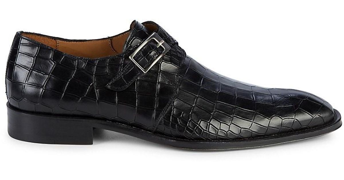 Mezlan Croc-embossed Leather Monk-strap Shoes in Black for Men | Lyst