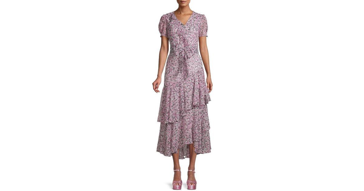 Karl Lagerfeld Synthetic Floral Ruffle Midi Dress In Fuchsia Purple Purple Lyst Canada