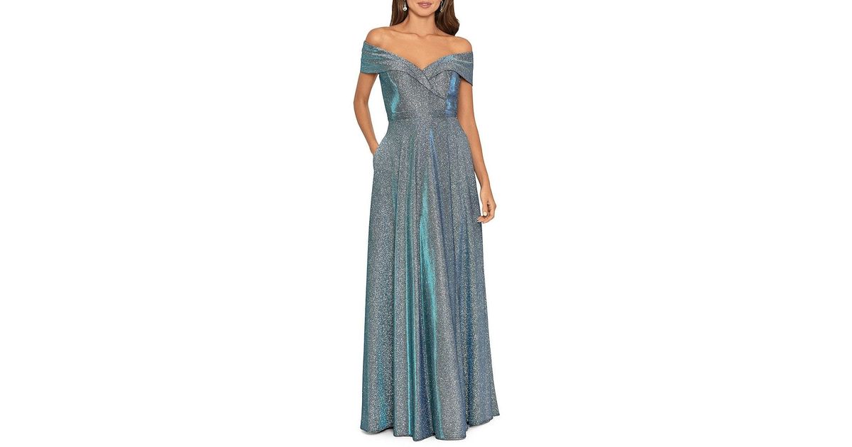 Xscape Glitter Off Shoulder Gown in Blue | Lyst
