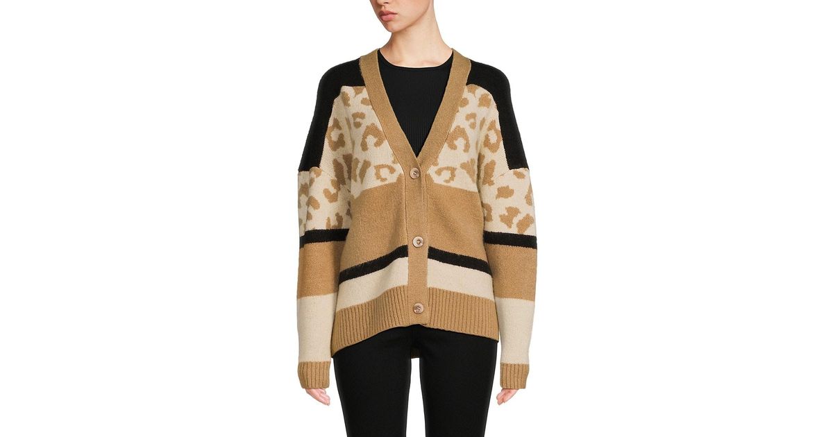 Leopard color top block cardigan